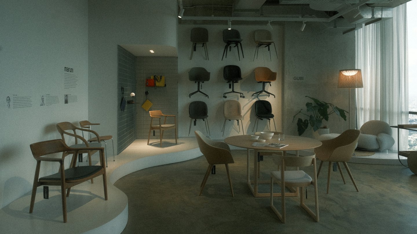 Modern chairs and wooden tables displayed in a furniture showroom.