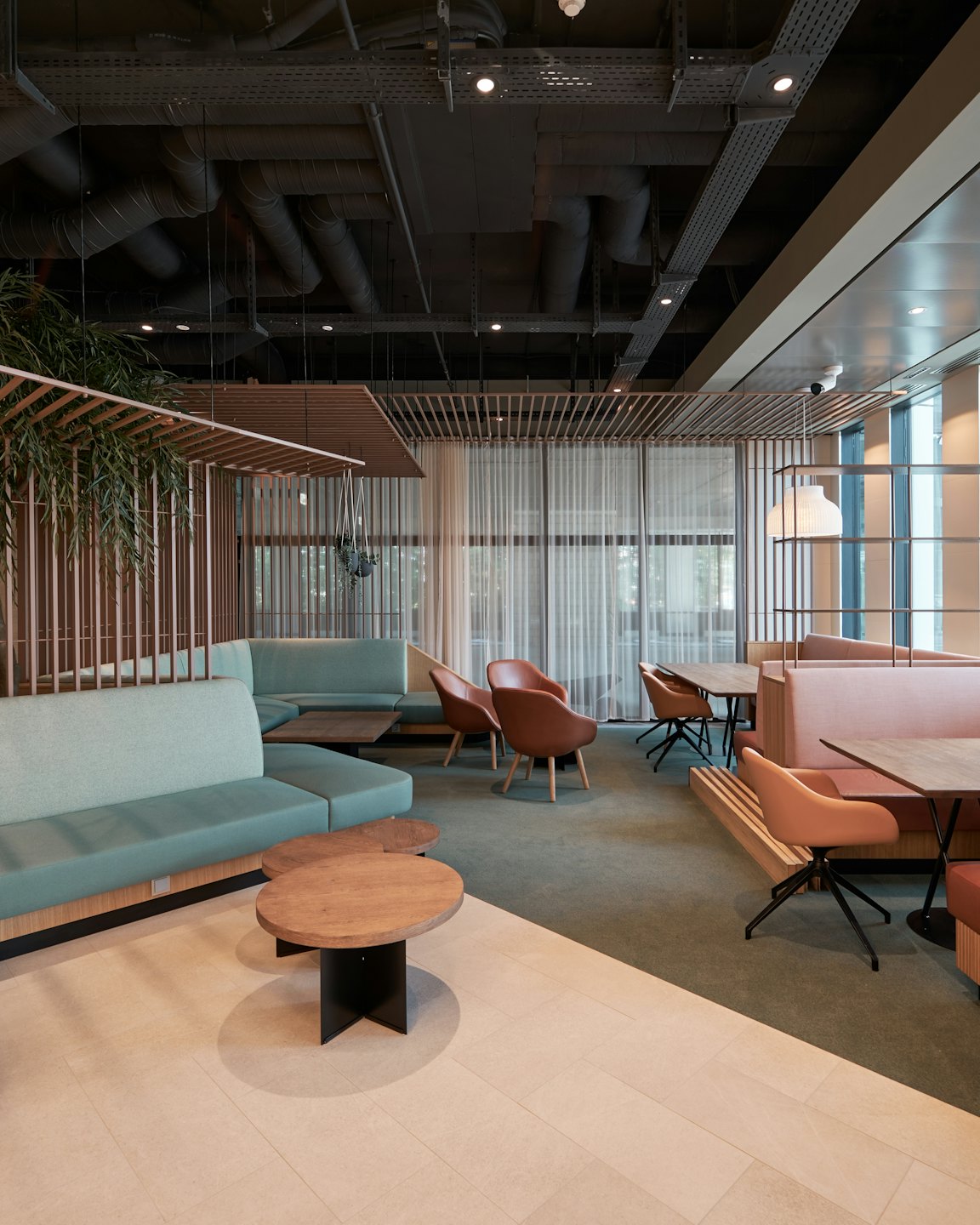 Modern office lounge with colorful sofas and wooden room dividers.